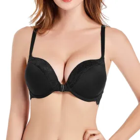 Front Closure Push Up Supportive Lace Racerback Thick Padded Plunge Bra