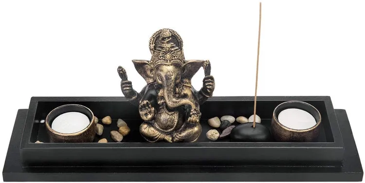 Ganesh Statue Incense Stick Burner Tray with Candle Holders