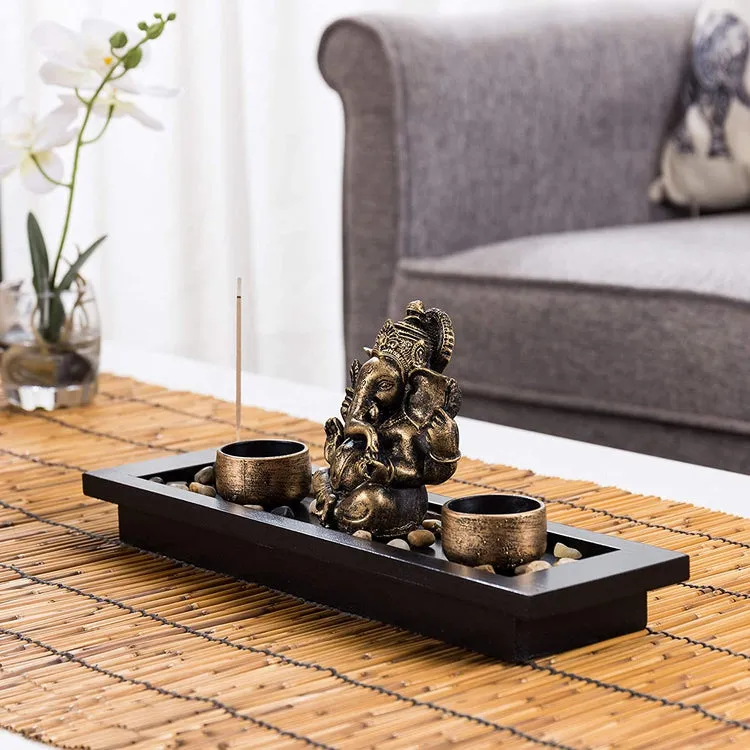 Ganesh Statue Incense Stick Burner Tray with Candle Holders