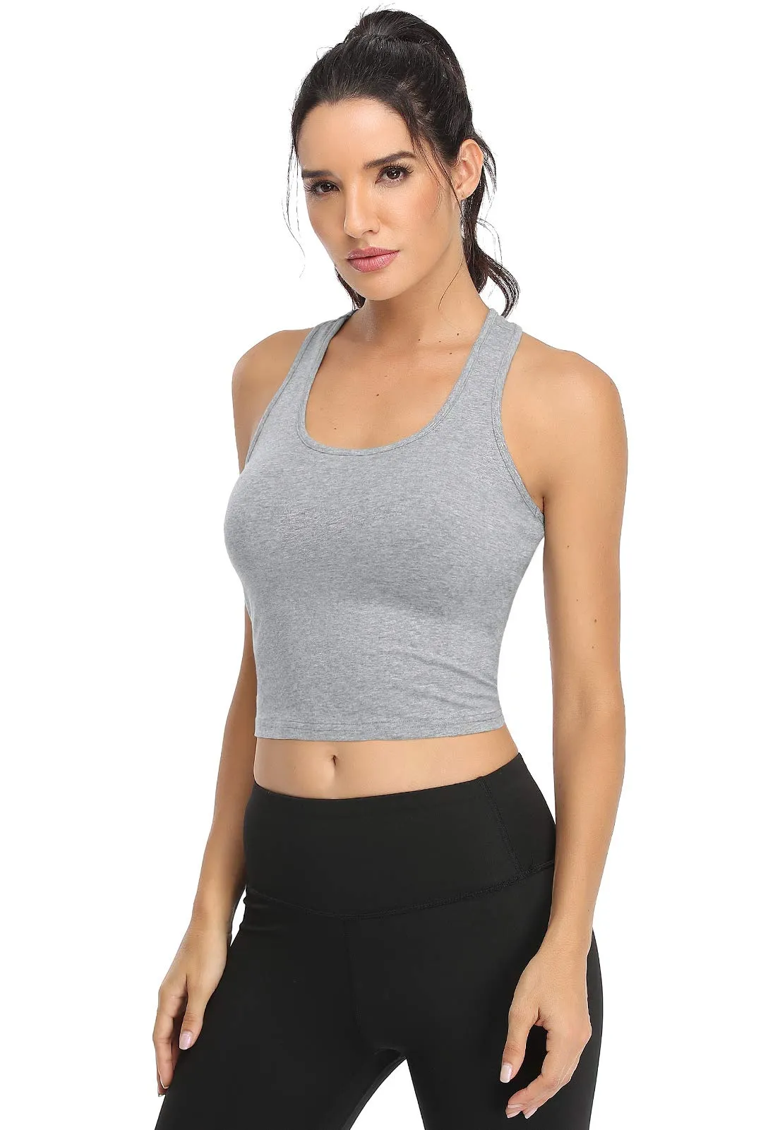 Joviren 4-Pack Cotton Crop Tank Tops for Women - Racerback Yoga & Athletic Sports Shirts in Black/White/Grey/Olive (S)