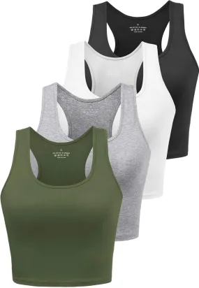 Joviren 4-Pack Cotton Crop Tank Tops for Women - Racerback Yoga & Athletic Sports Shirts in Black/White/Grey/Olive (S)