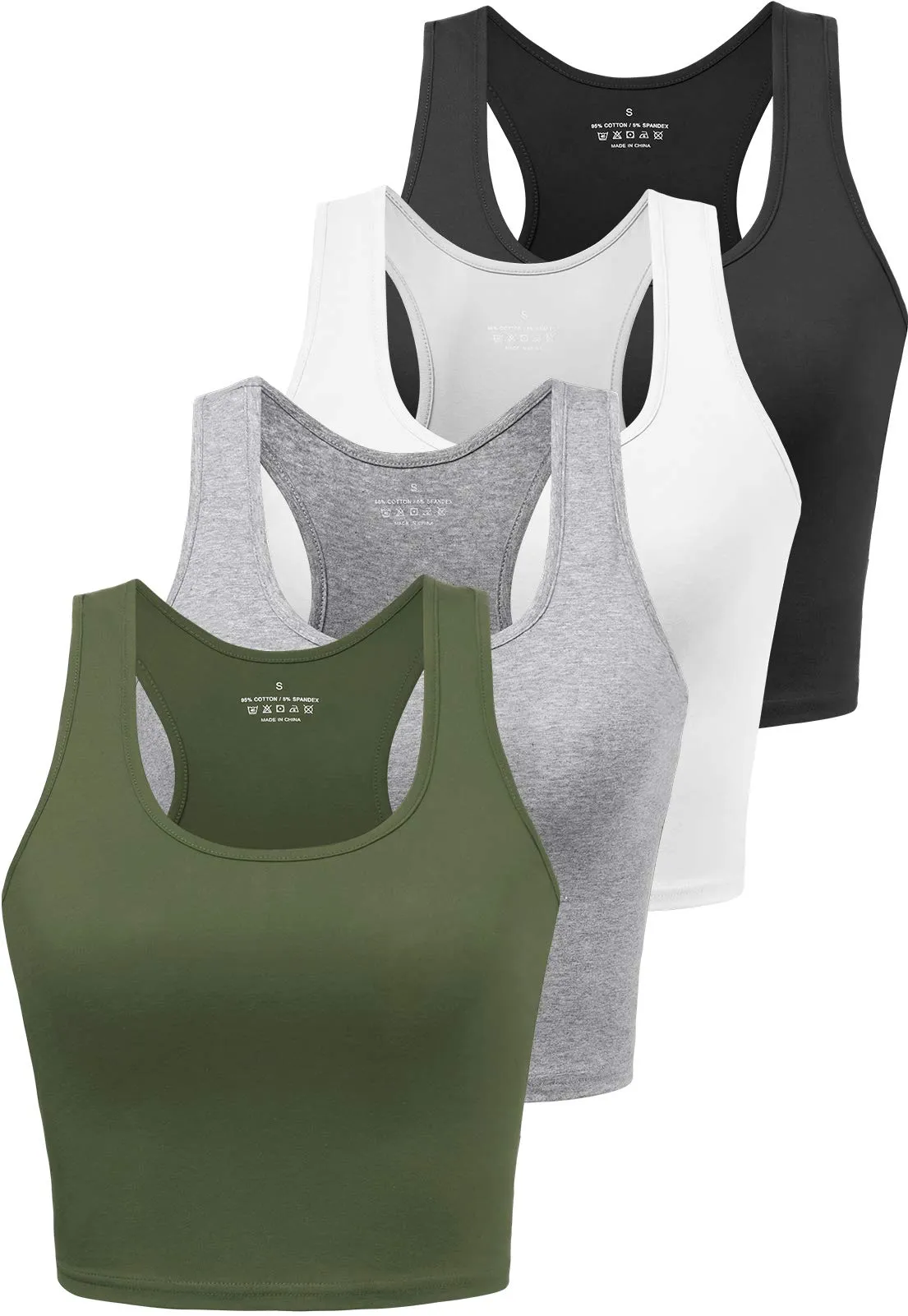 Joviren 4-Pack Cotton Crop Tank Tops for Women - Racerback Yoga & Athletic Sports Shirts in Black/White/Grey/Olive (S)