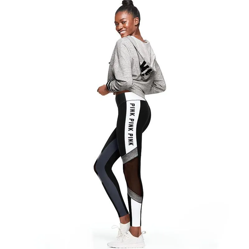 Letter Print Mesh Patchwork Women Skinny Yoga Sports Legging