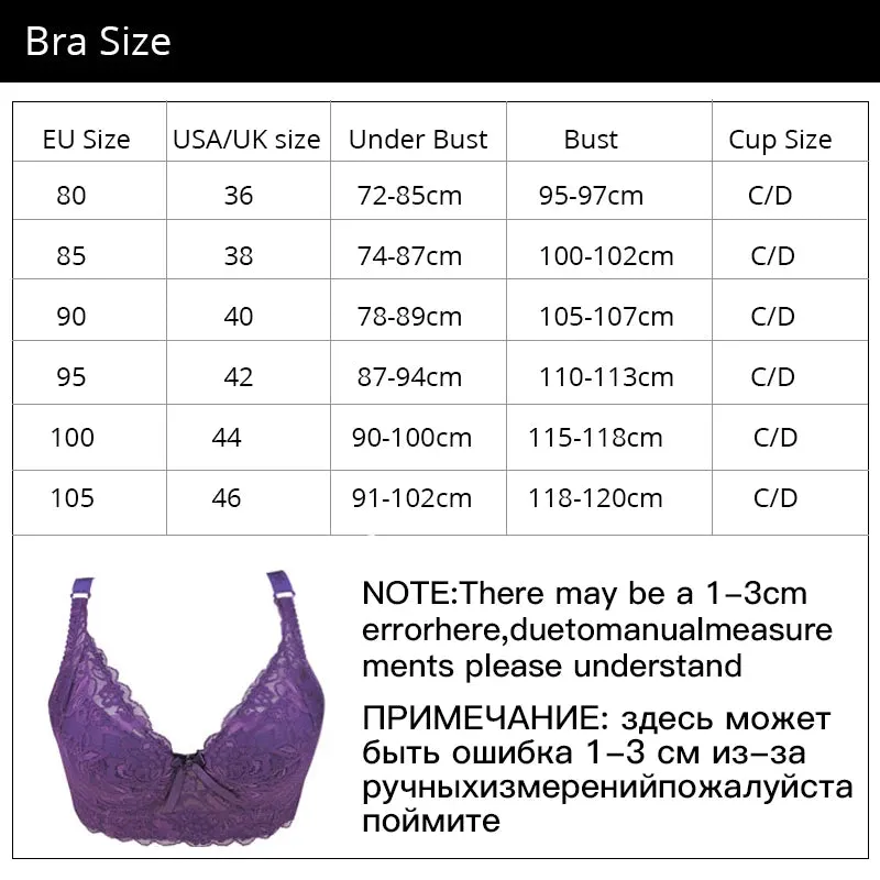 Plus Sizes Underwire Lace Wide Shoulder Straps Push Up Bras