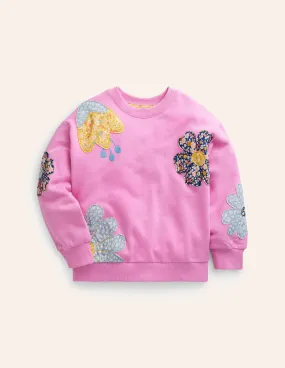 Relaxed Appliqué Sweatshirt-Cosmos Pink Flower