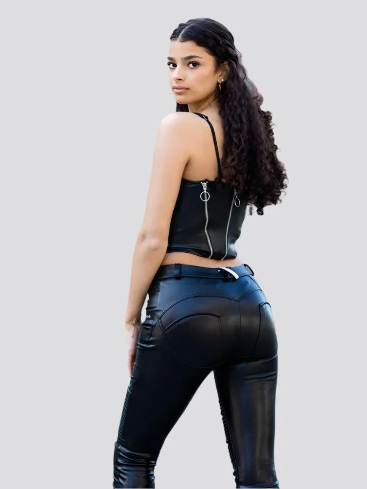 Shascullfites 2 Pieces Set Black Biker Pu Faux Leather Zipper Body Shapers Crop Top Streetwear Club Set Woman Autumn Outfit