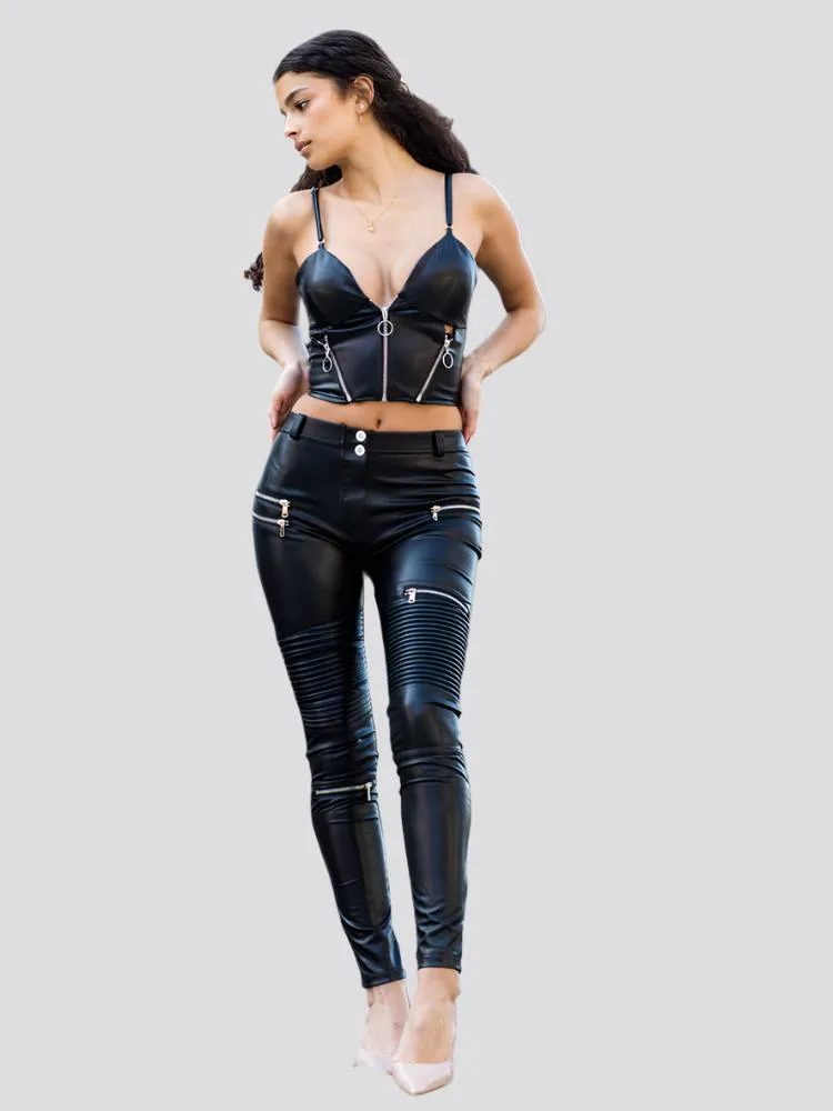 Shascullfites 2 Pieces Set Black Biker Pu Faux Leather Zipper Body Shapers Crop Top Streetwear Club Set Woman Autumn Outfit
