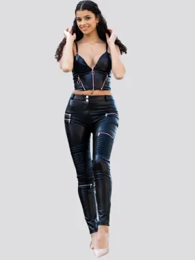 Shascullfites 2 Pieces Set Black Biker Pu Faux Leather Zipper Body Shapers Crop Top Streetwear Club Set Woman Autumn Outfit