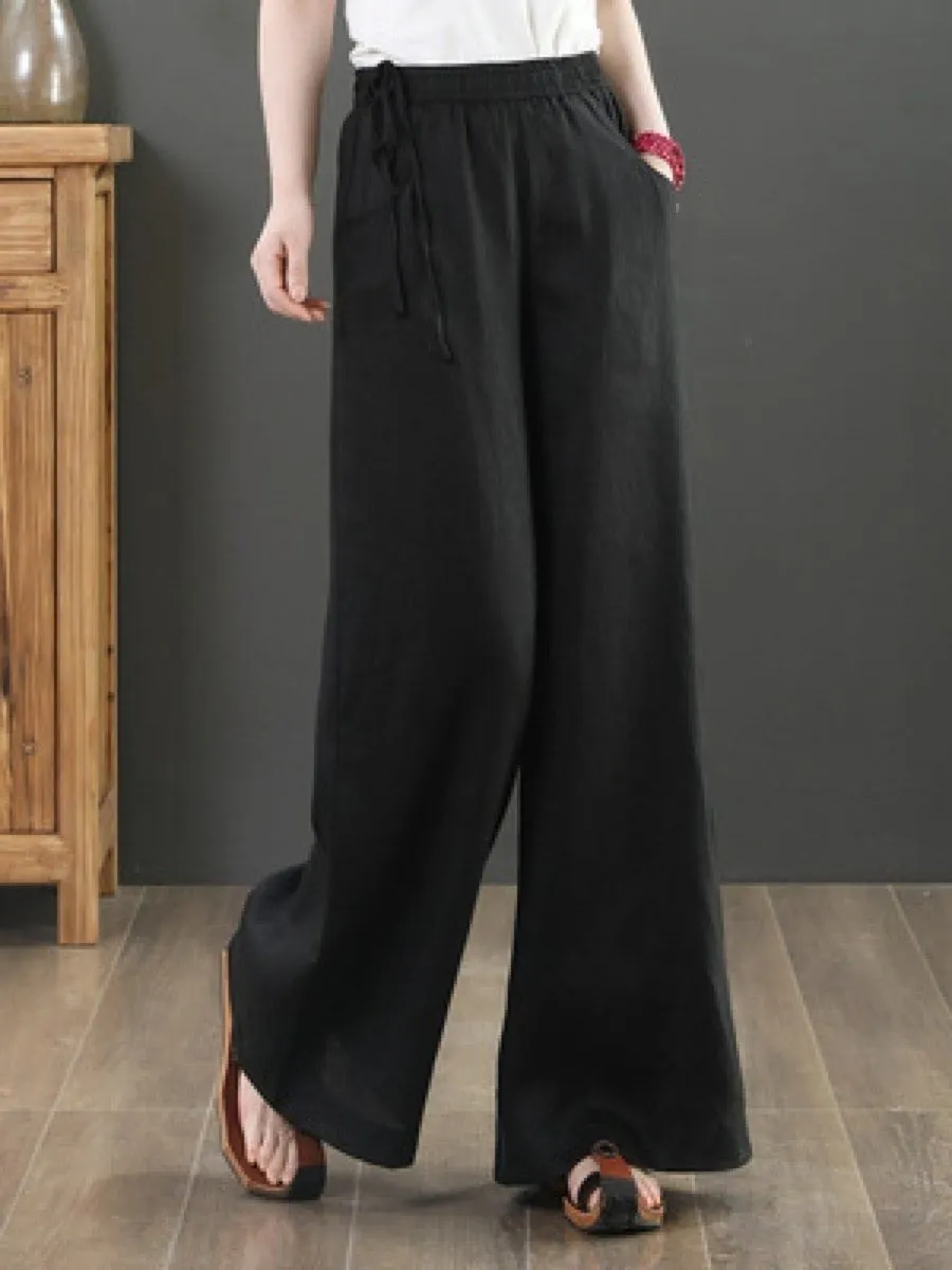 Solid Color Casual Cotton Linen Wide Leg Pants
