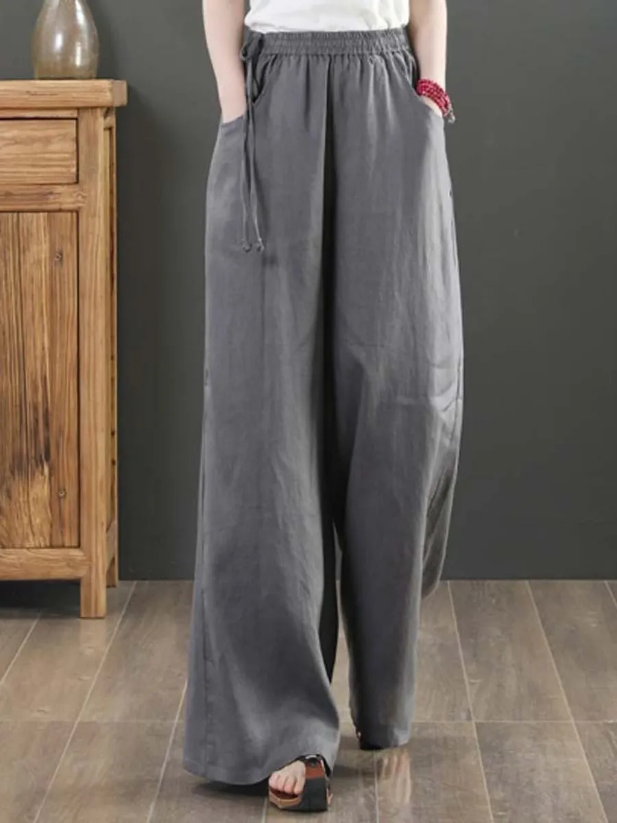 Solid Color Casual Cotton Linen Wide Leg Pants