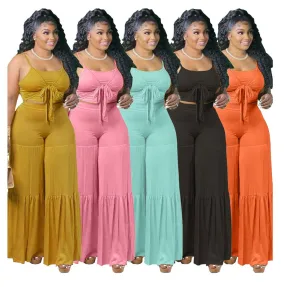 Trendy casual plus size women clothes clothing summer tank top and flare pants two 2 piece set fat lady outfit(Bulk 3 Sets)