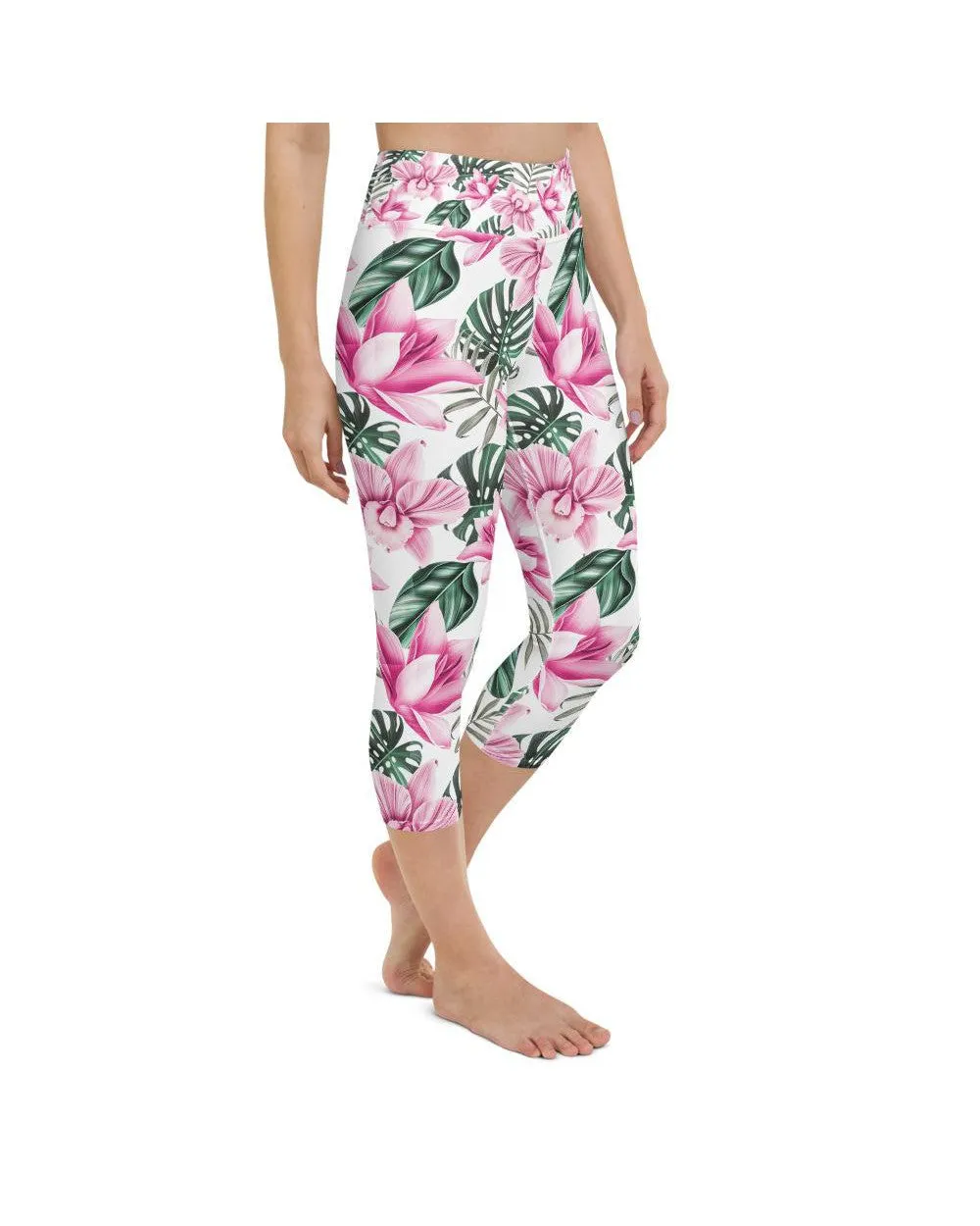 Tropical Floral White Yoga Capris