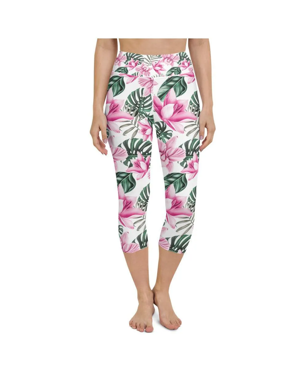 Tropical Floral White Yoga Capris