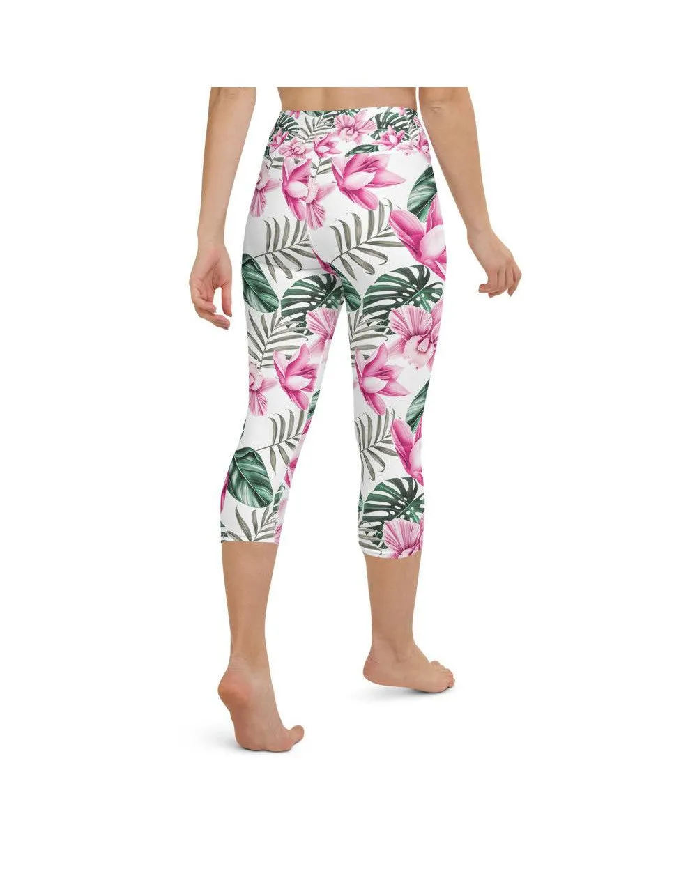 Tropical Floral White Yoga Capris