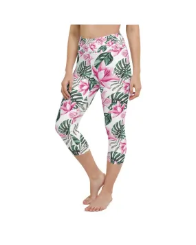 Tropical Floral White Yoga Capris