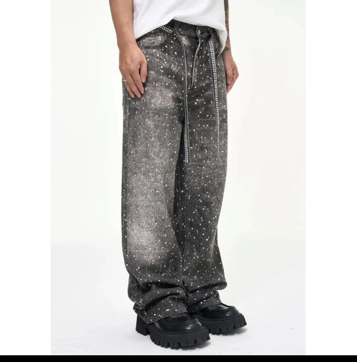 Vintage Washed Splatter Wide-Leg Jeans