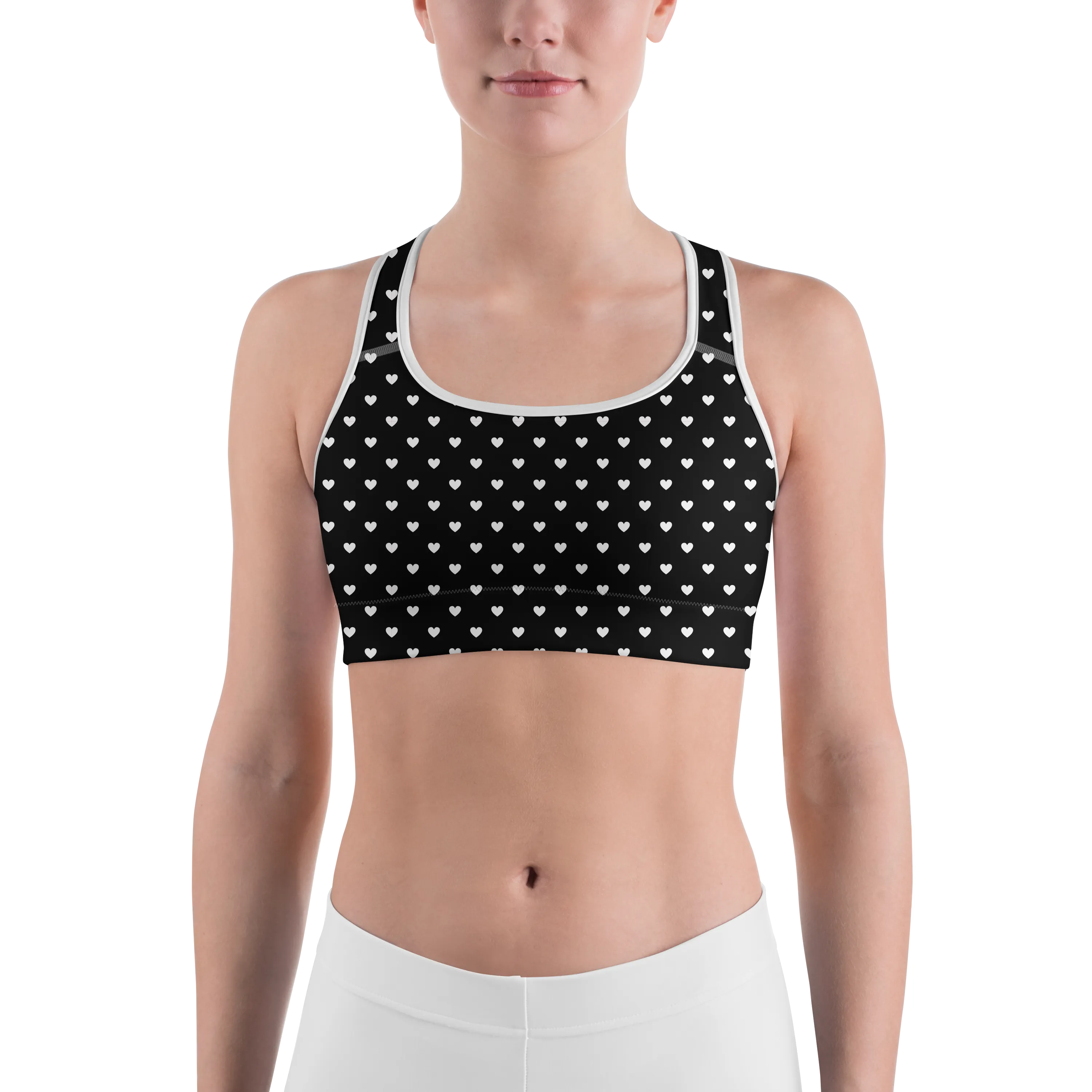 White Mini Hearts Black Sports Bra