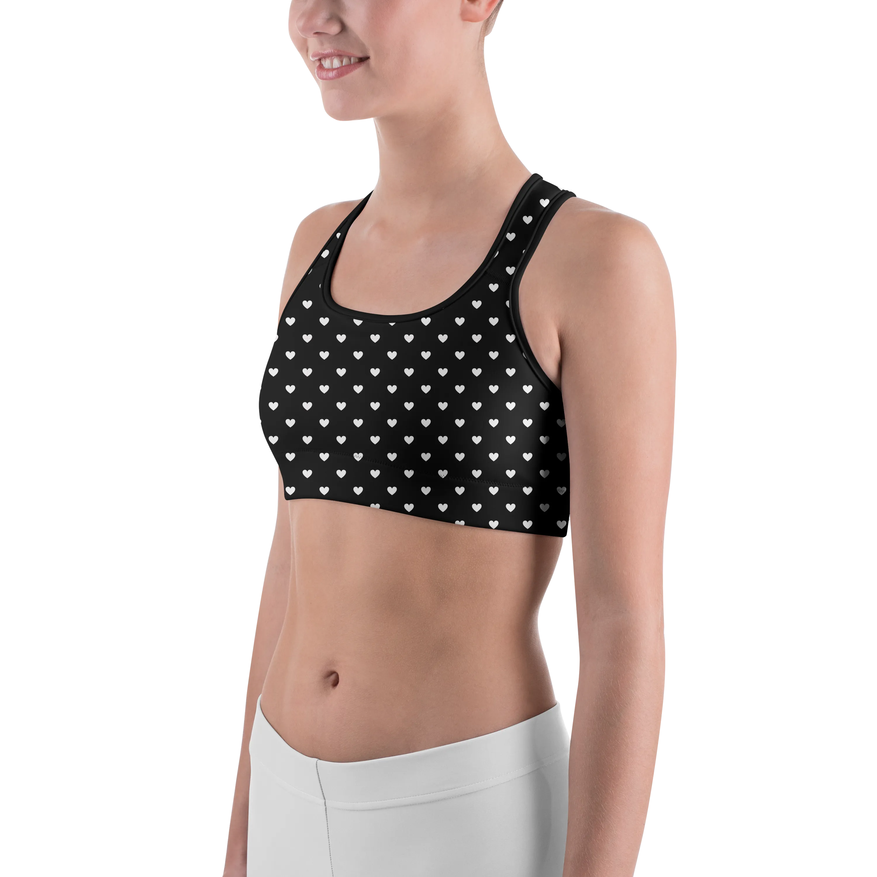 White Mini Hearts Black Sports Bra