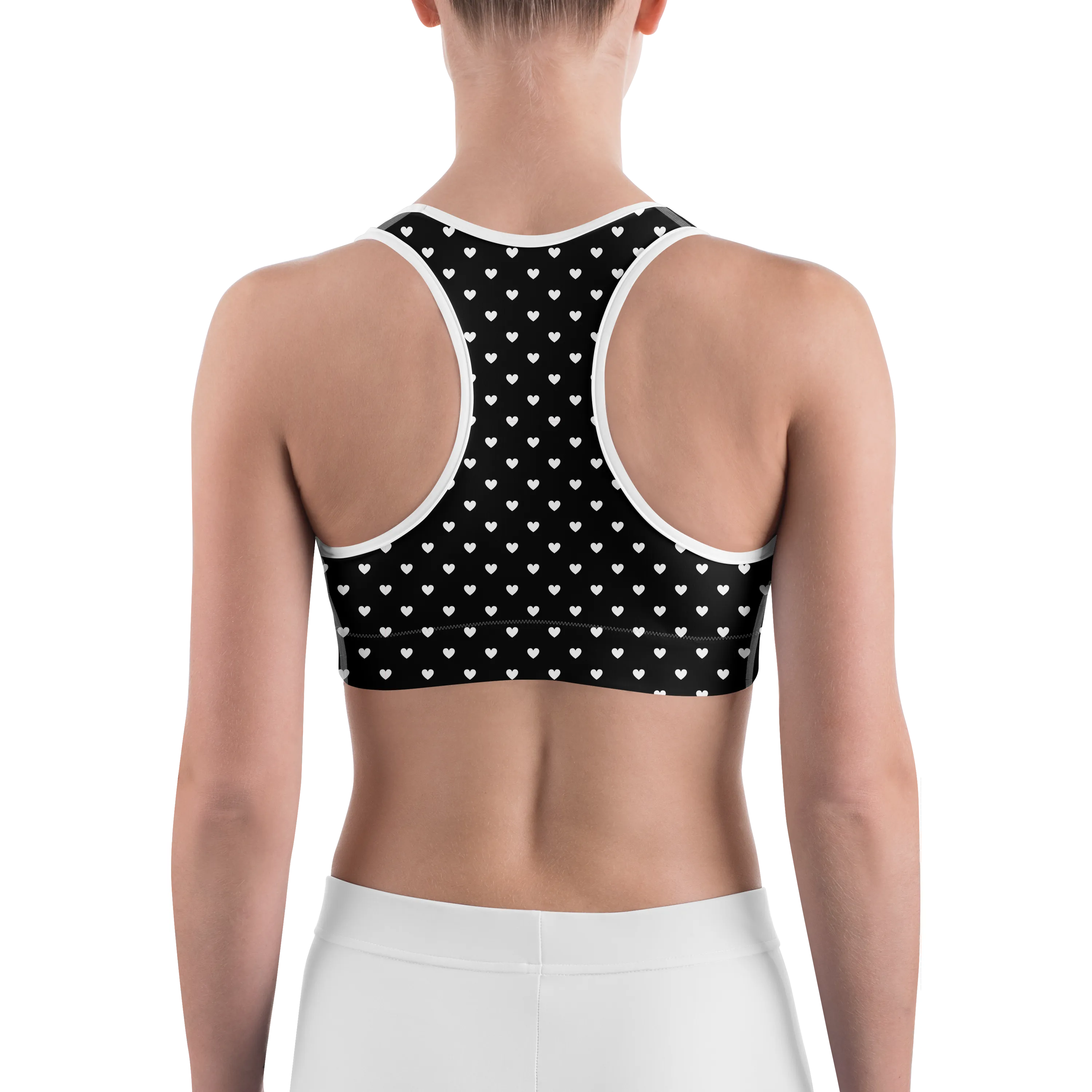 White Mini Hearts Black Sports Bra