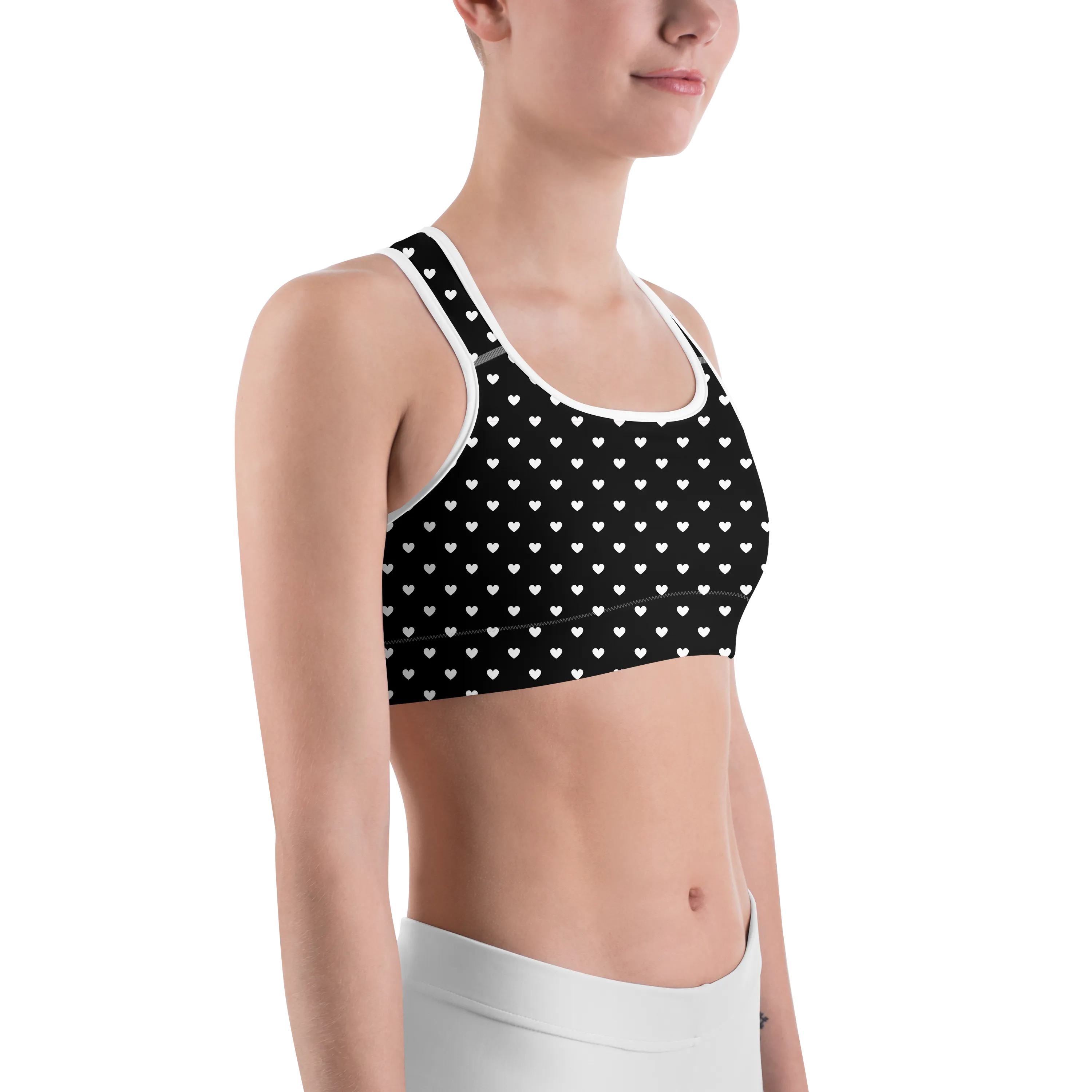 White Mini Hearts Black Sports Bra