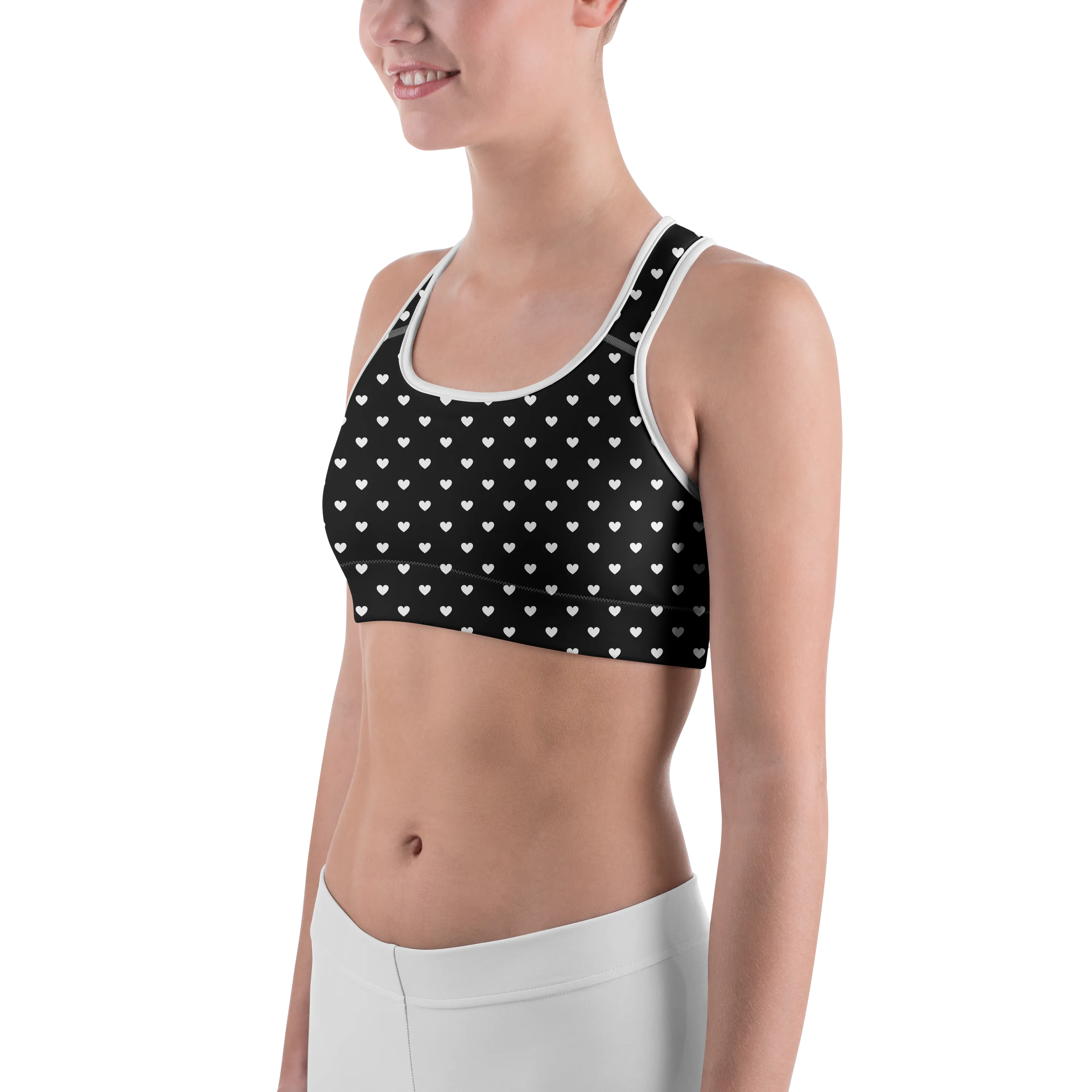 White Mini Hearts Black Sports Bra