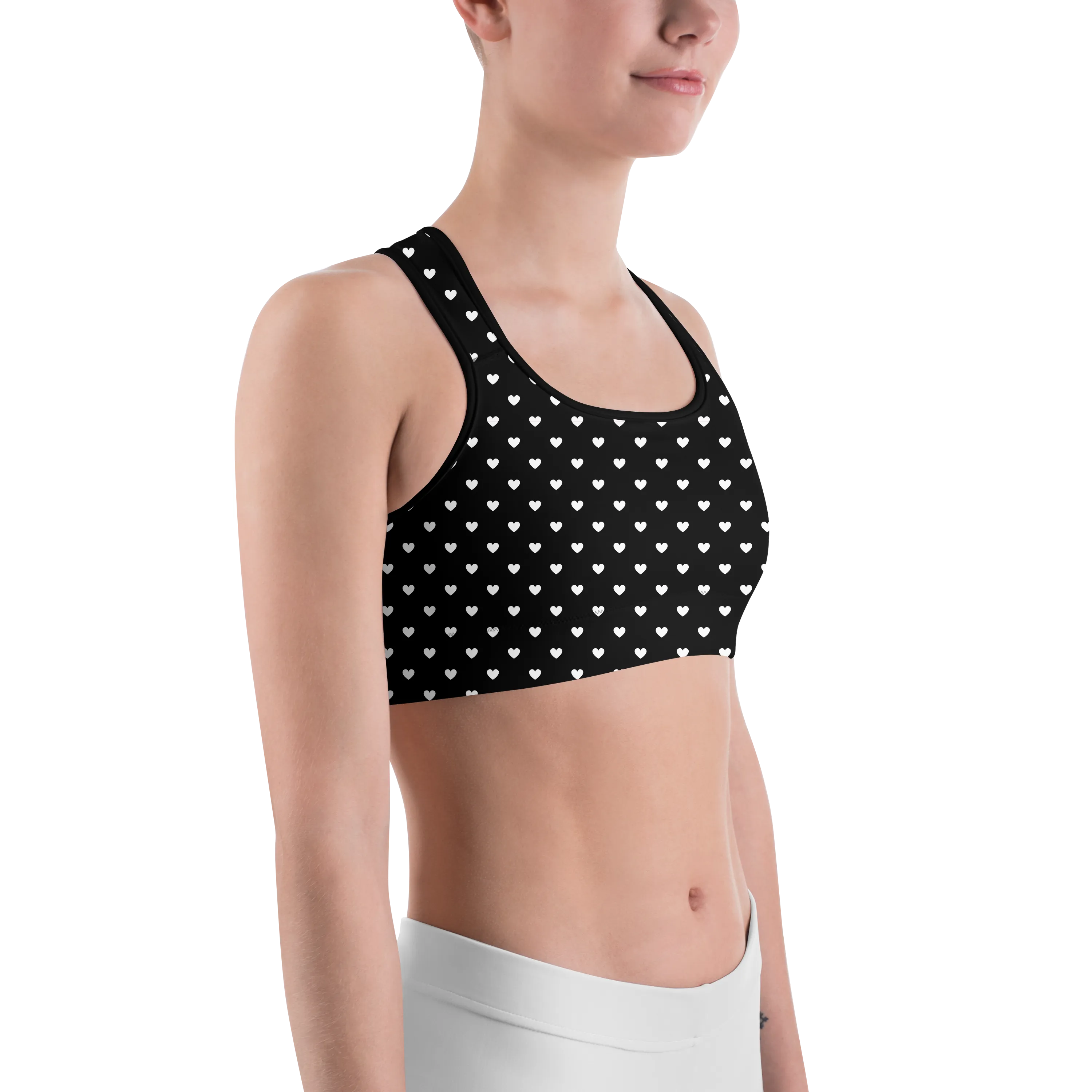 White Mini Hearts Black Sports Bra