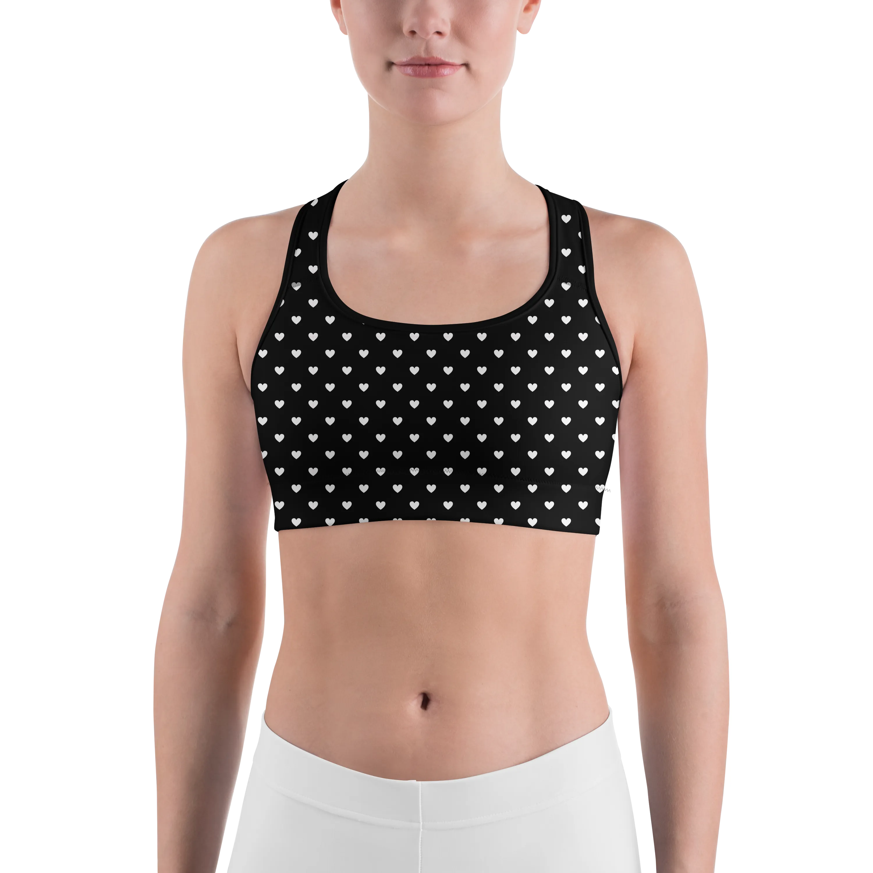 White Mini Hearts Black Sports Bra