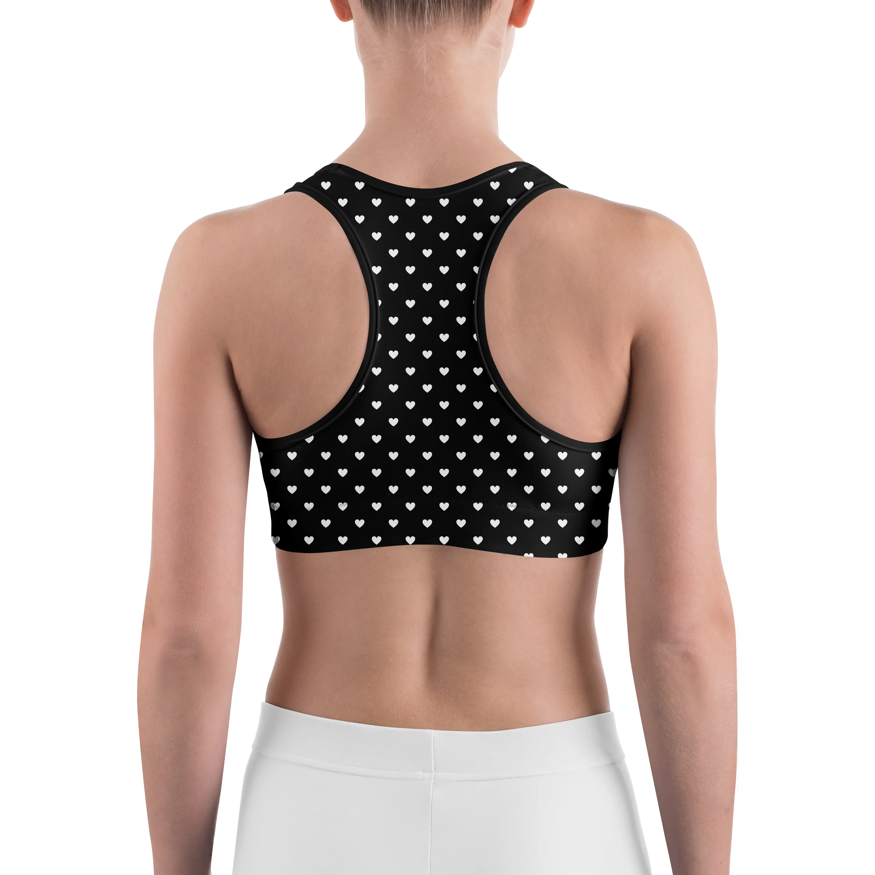 White Mini Hearts Black Sports Bra