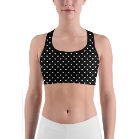 White Mini Hearts Black Sports Bra
