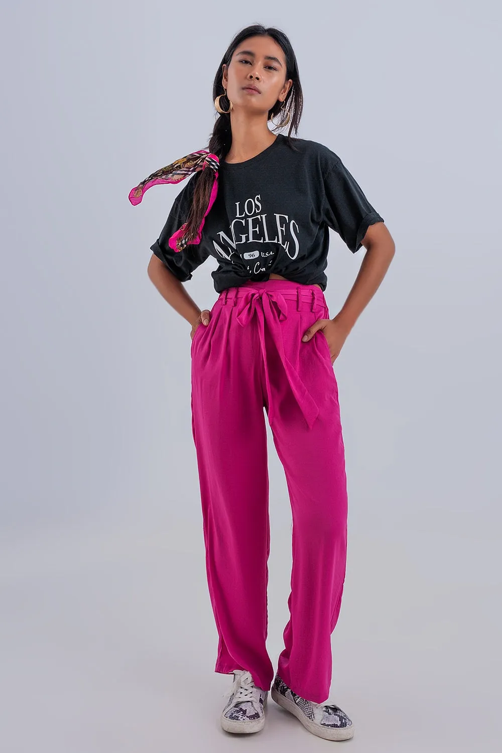 Wide leg belted pants in fuchsia