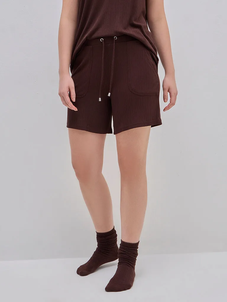 Wunderlove Brown Ribbed High-Rise Cotton-Blend Shorts